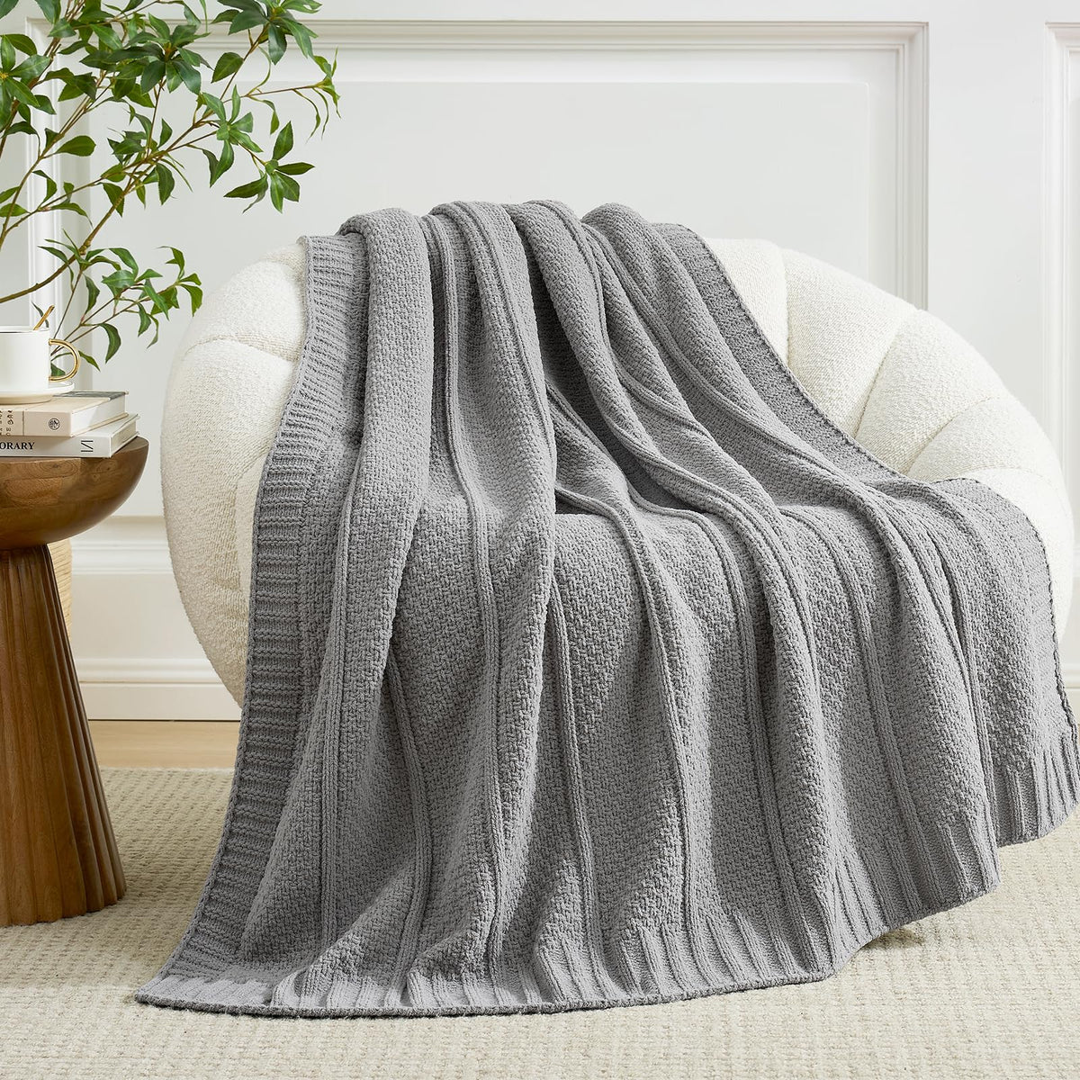 Checkered Knit Throw Blanket, Blue, 50 x 60 Inch