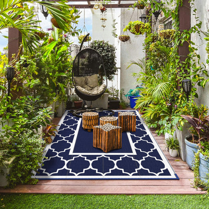 Blue and White Reversible Outdoor Rug, 5x8