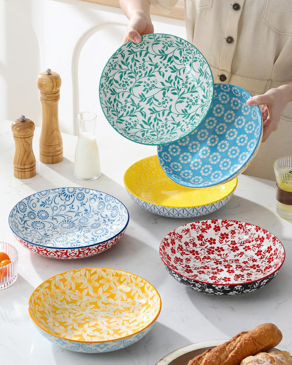 Blue and White Floral Pasta Bowls, Set of 6