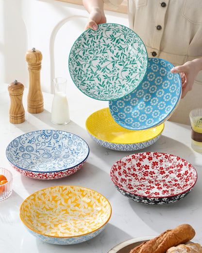 Blue and White Floral Pasta Bowls, Set of 6