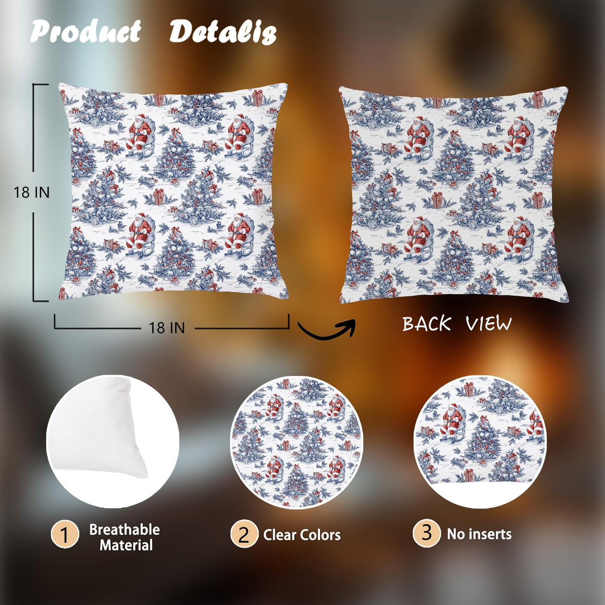 Blue Christmas Toile Pillow Covers, 18x18, Set of 2