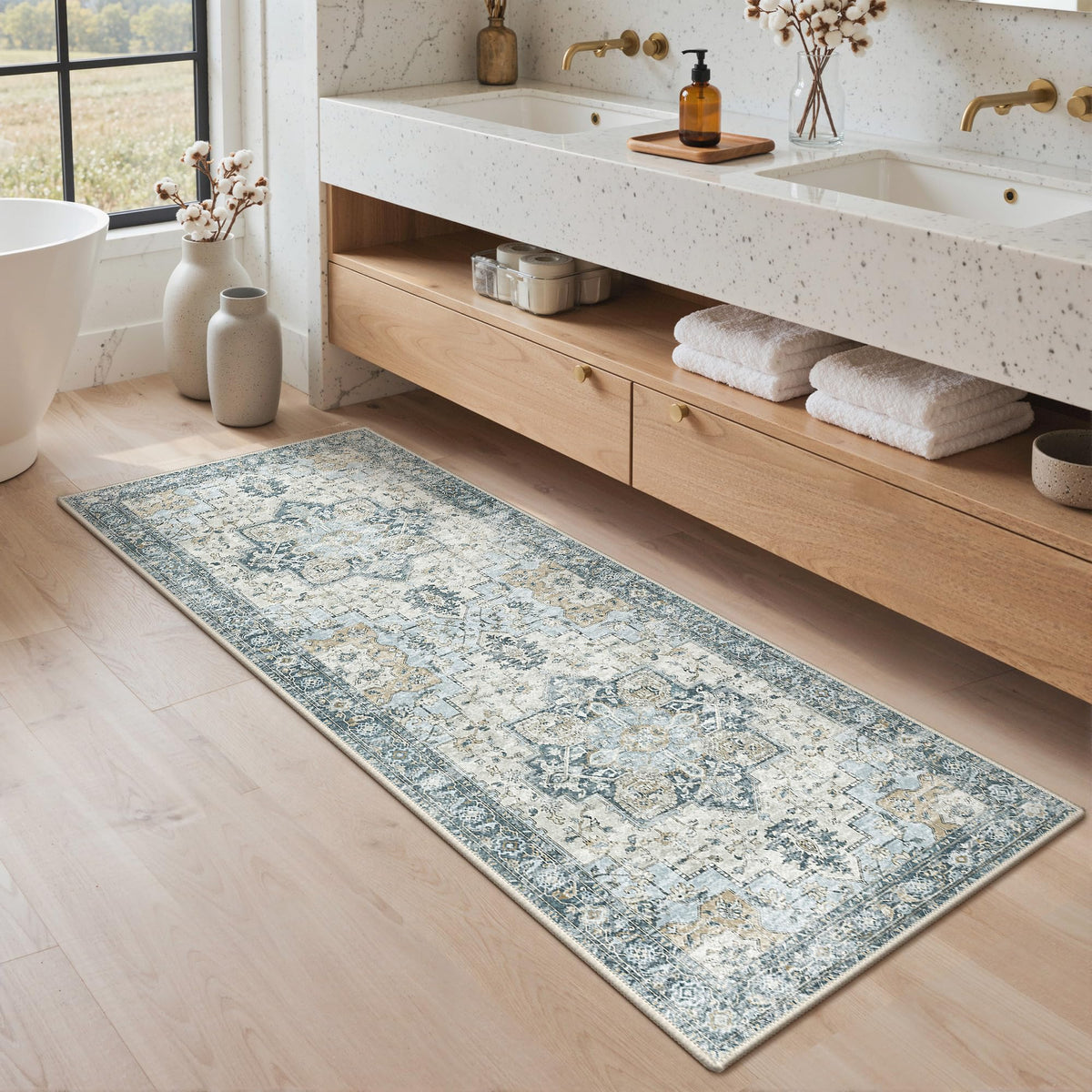 Blue Floral Boho Bath Mat, 24 x 17