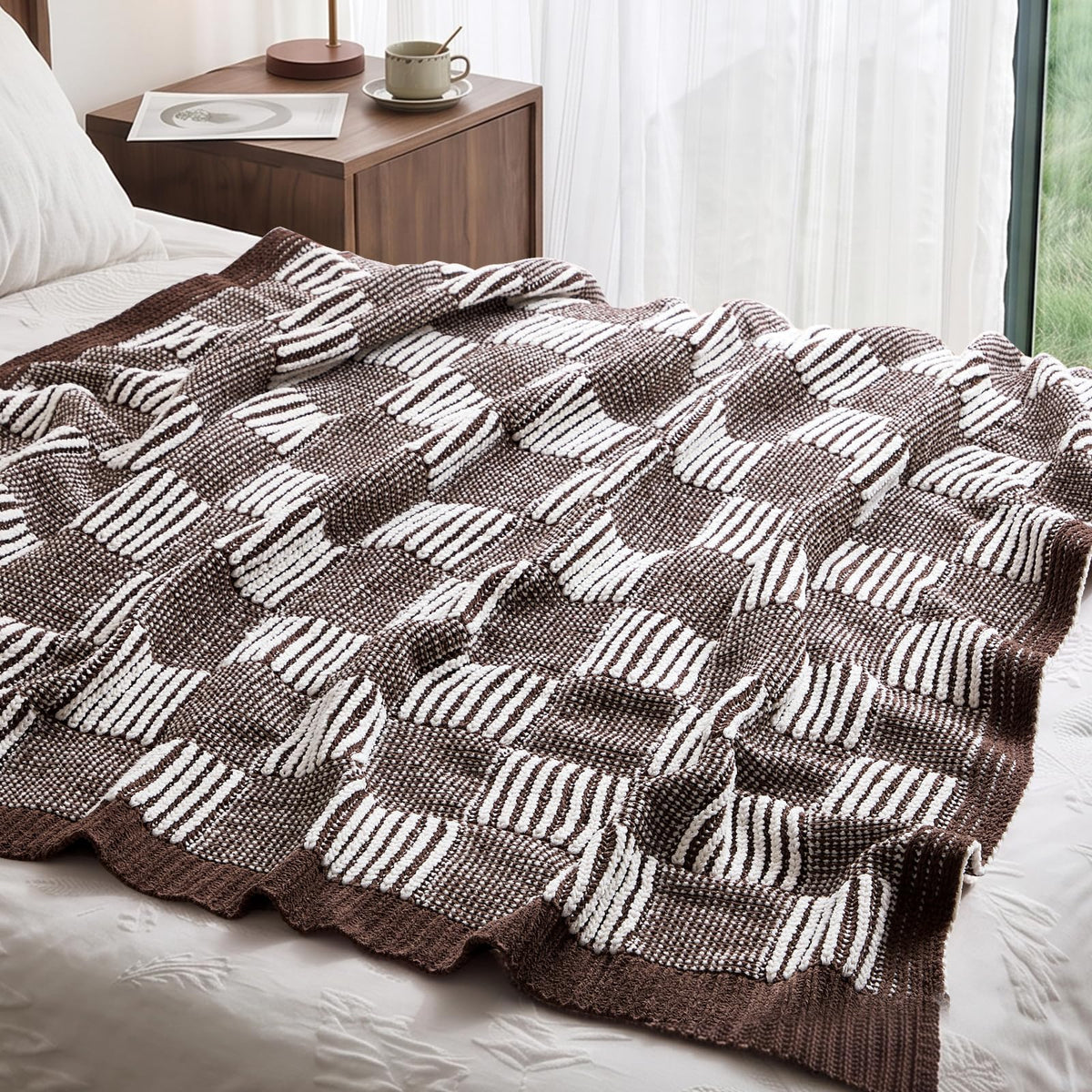 Checkered Knit Throw Blanket, Blue, 50 x 60 Inch