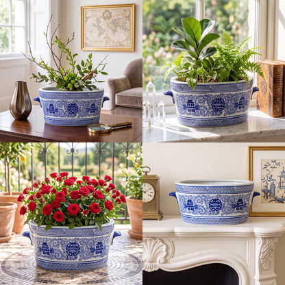 Blue and White Chinoiserie Oval Planter