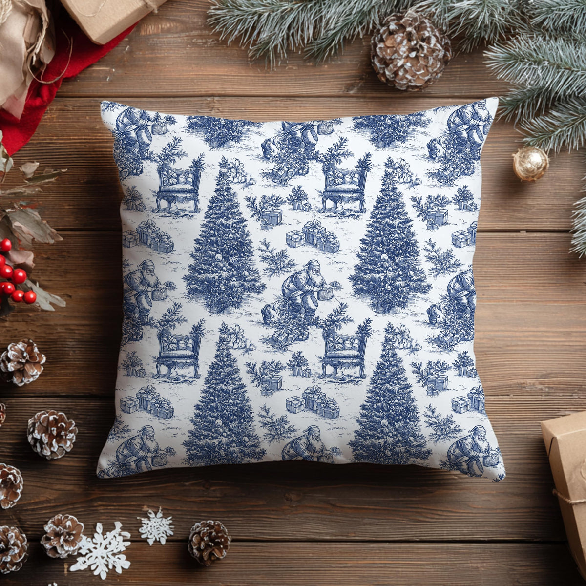Blue Christmas Toile Pillow Covers, 18x18, Set of 2