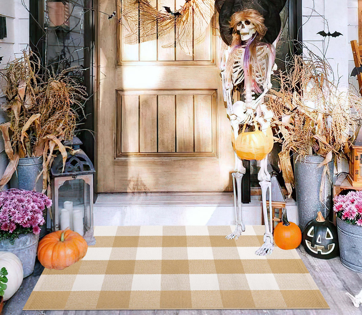 Light Blue Buffalo Plaid Cotton Door Mat, 24x35