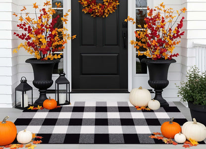 Light Blue Buffalo Plaid Cotton Door Mat, 24x35