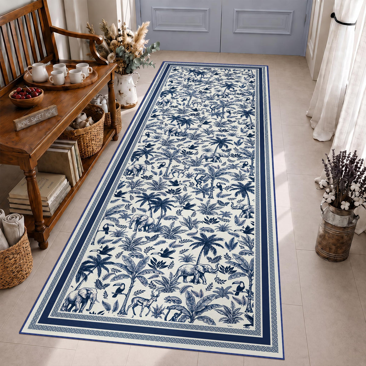 Washable French Toile Area Rug