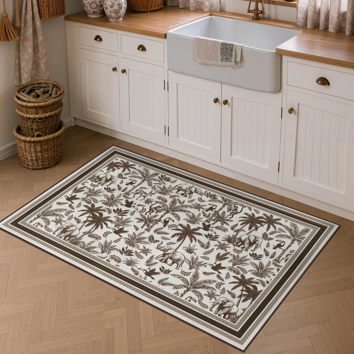 Washable French Toile Area Rug