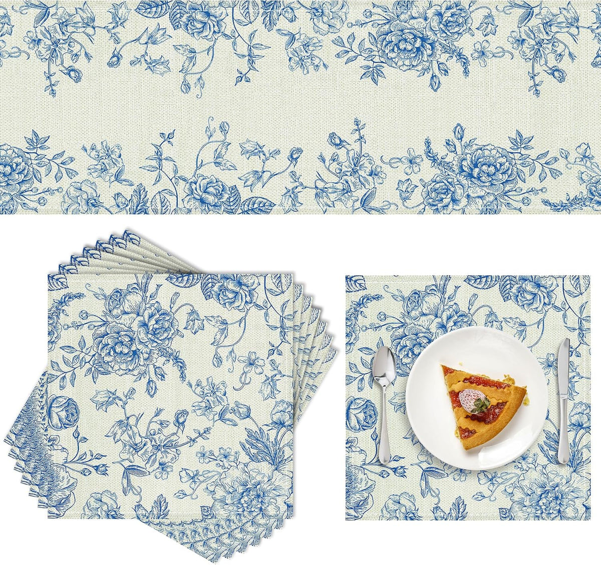 Blue and White Chinoiserie Table Runner and 8 Napkins