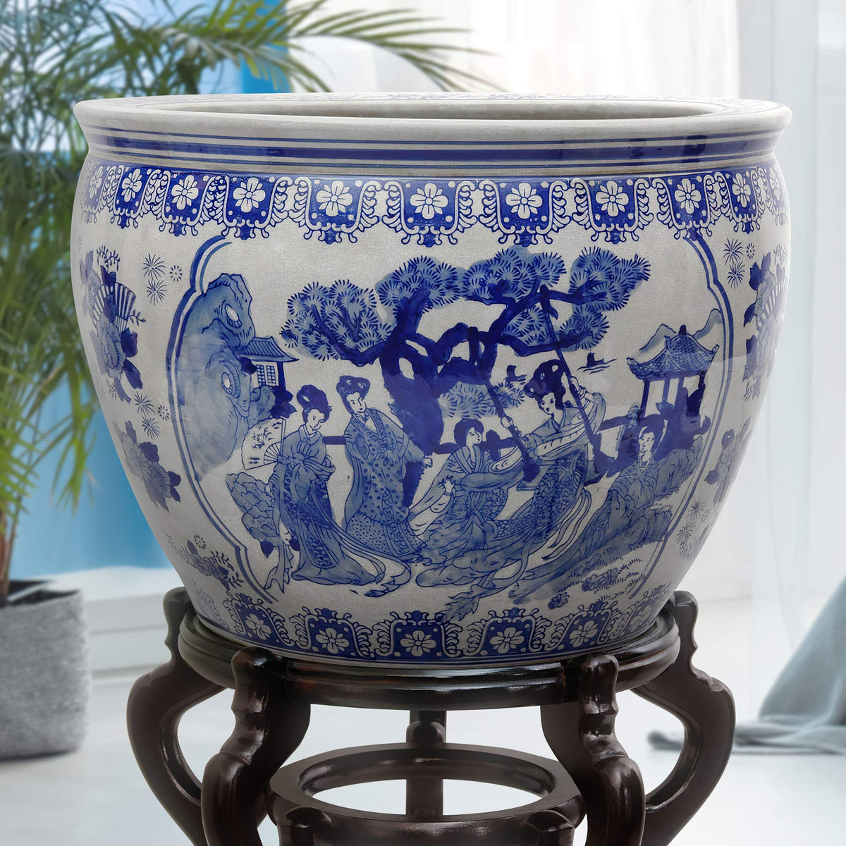 Ladies Blue and White Porcelain Fishbowl Planter