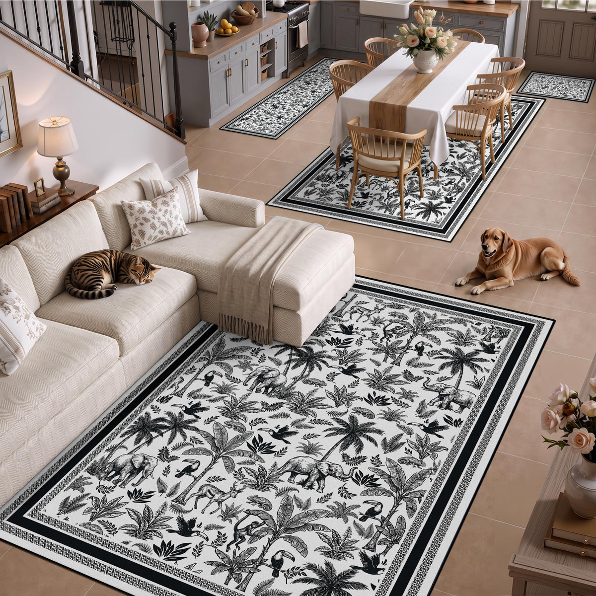 Washable French Toile Area Rug
