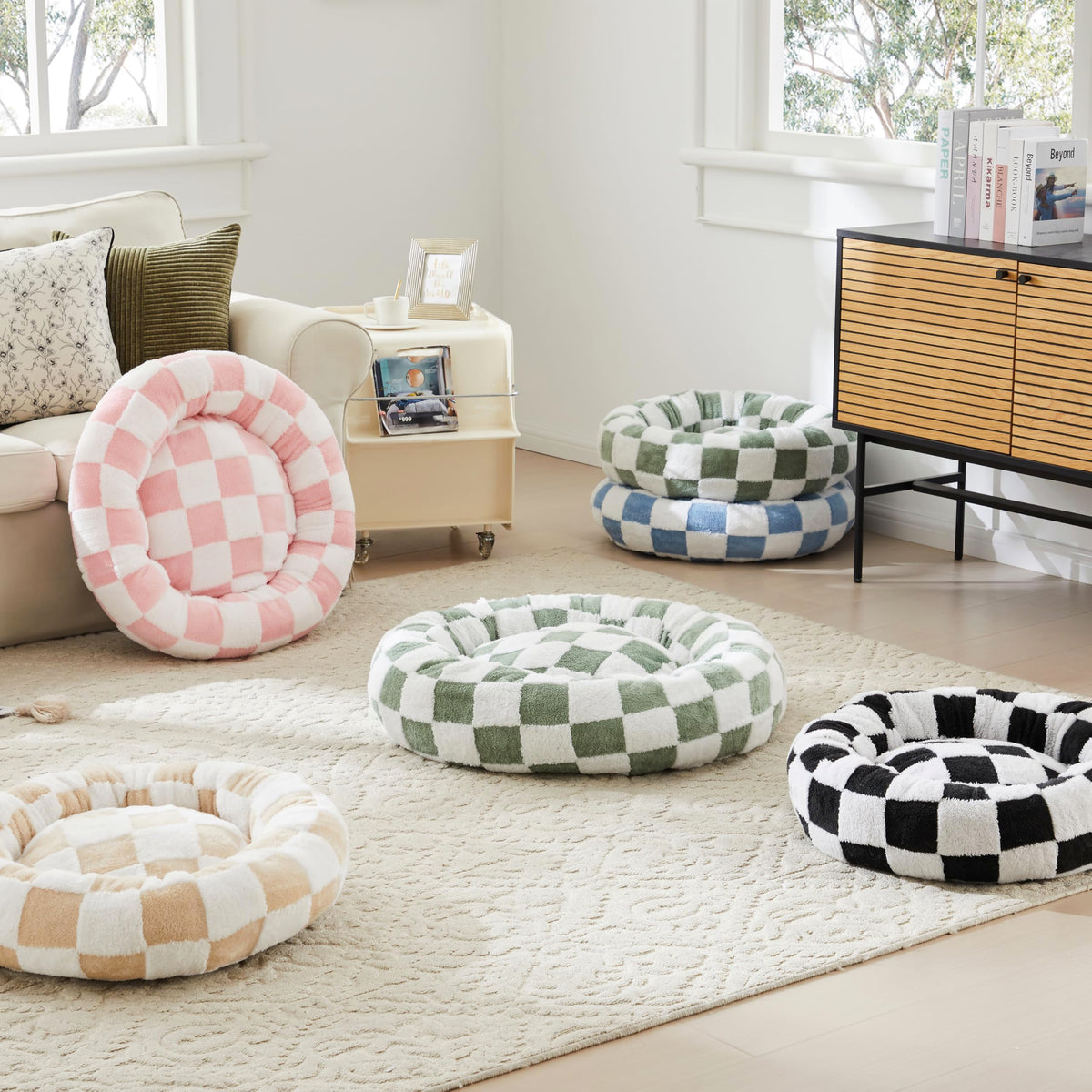 Blue Checkered Round Dog Bed