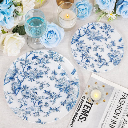 Blue Floral Plastic Plates, 60 Pieces