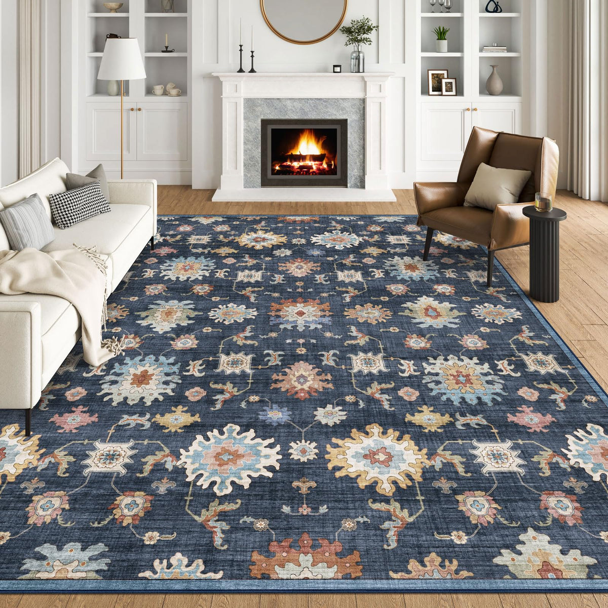 Washable Area Rug, Delft Blue Vintage Floral