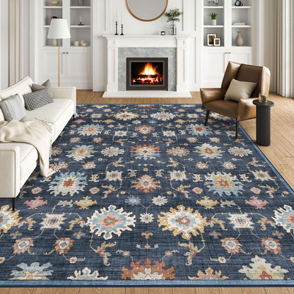 Washable Area Rug, Delft Blue Vintage Floral