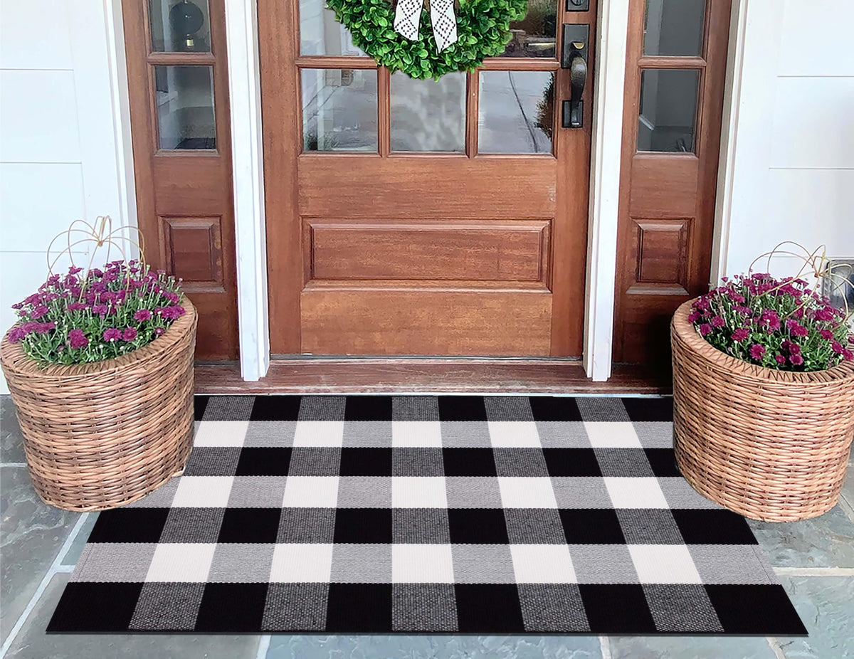 Light Blue Buffalo Plaid Cotton Door Mat, 24x35