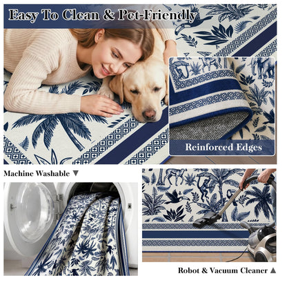 Washable French Toile Area Rug