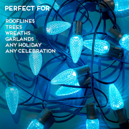 Blue C9 Faceted LED Christmas Bulbs, Set of 25