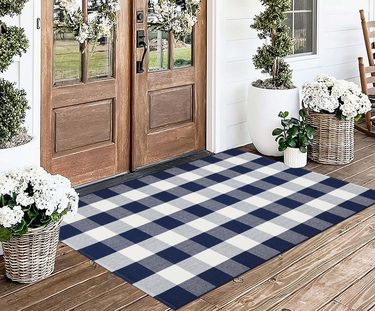 Light Blue Buffalo Plaid Cotton Door Mat, 24x35