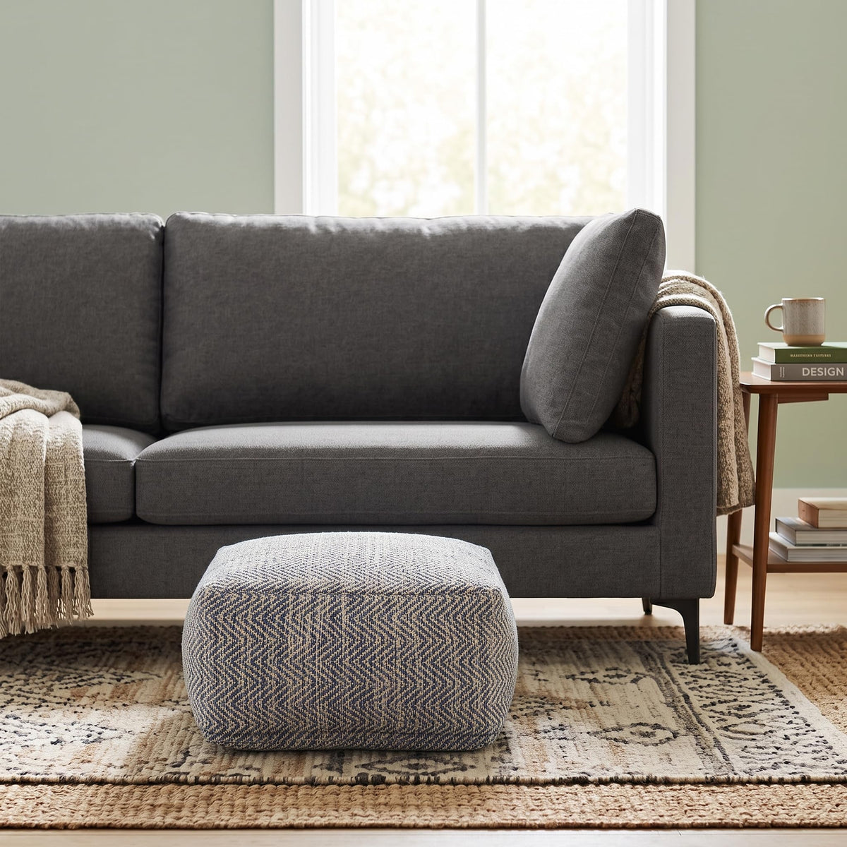 Simpli Home Cowan Blue Wool Square Pouf