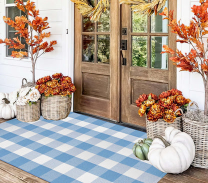 Light Blue Buffalo Plaid Cotton Door Mat, 24x35
