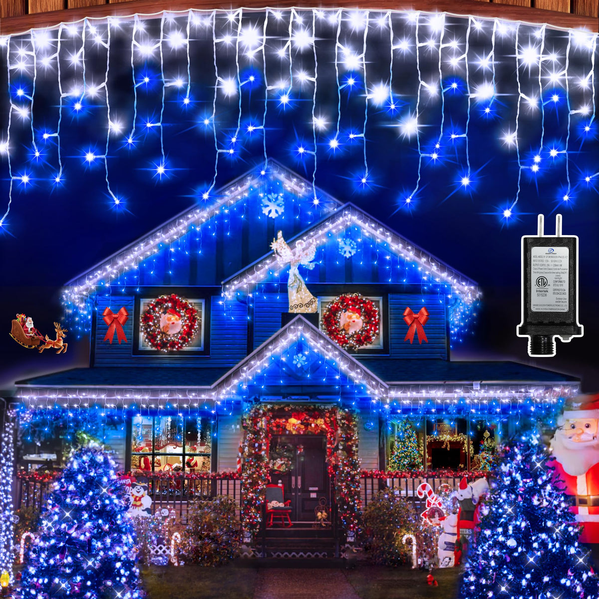 Blue and Cool White Icicle Lights, 164 ft