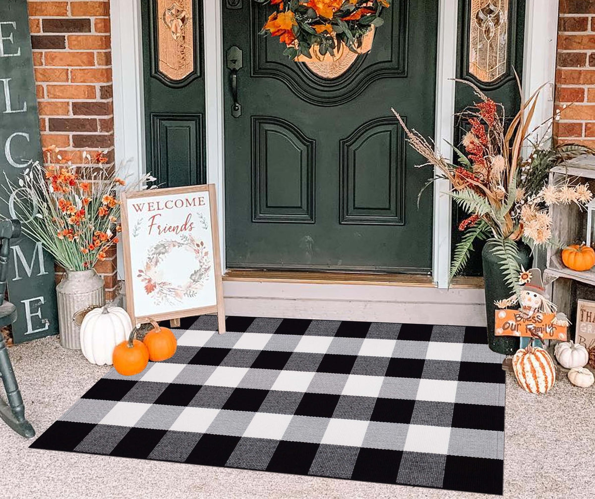 Light Blue Buffalo Plaid Cotton Door Mat, 24x35