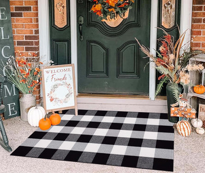 Light Blue Buffalo Plaid Cotton Door Mat, 24x35