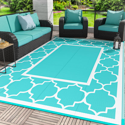 Blue and White Reversible Outdoor Rug, 5x8
