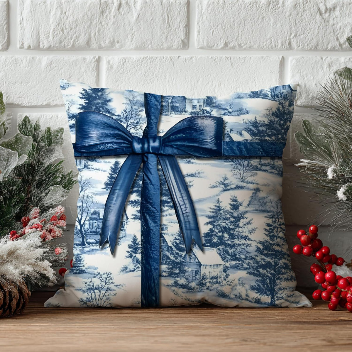 Blue Christmas Toile Pillow Covers, 18x18, Set of 2