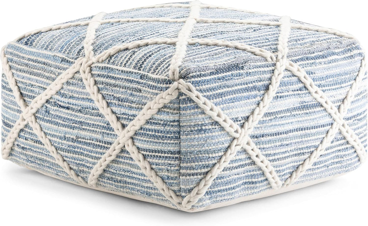 Simpli Home Cowan Blue Wool Square Pouf
