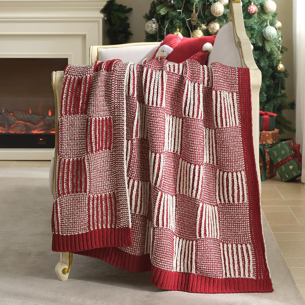 Checkered Knit Throw Blanket, Blue, 50 x 60 Inch