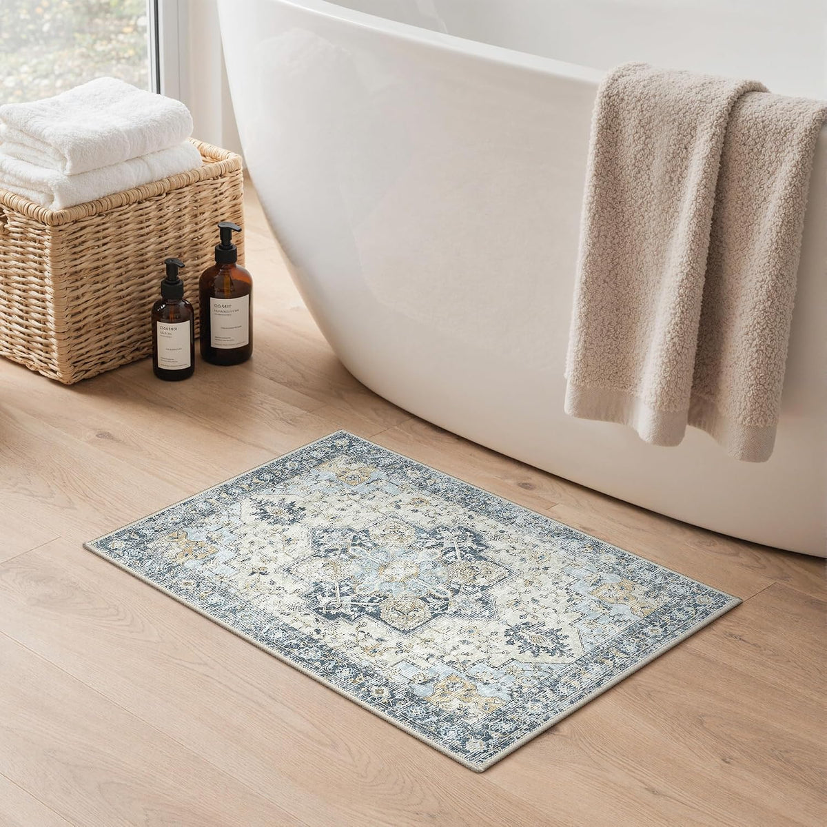 Blue Floral Boho Bath Mat, 24 x 17