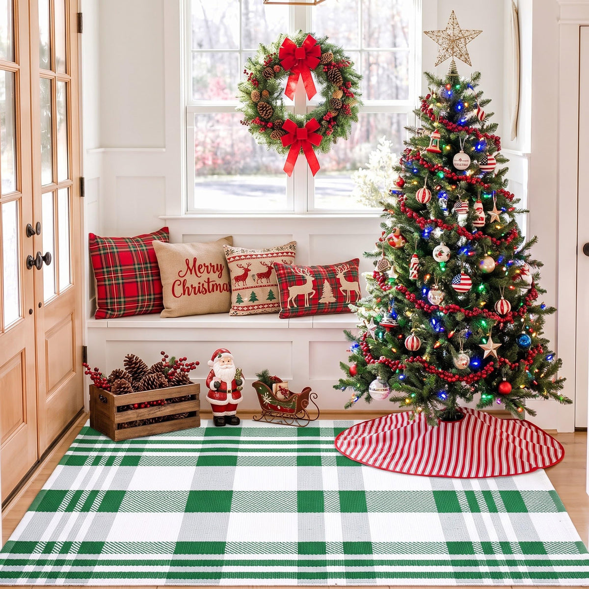MUBIN Blue White Plaid Cotton Rug, 27.5x43