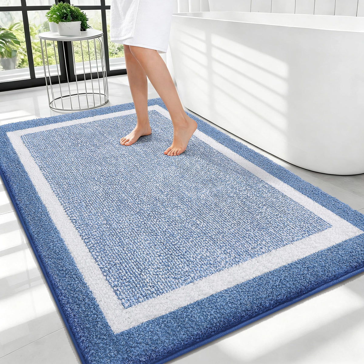 Navy and White Microfiber Bath Rug, 36 x 24