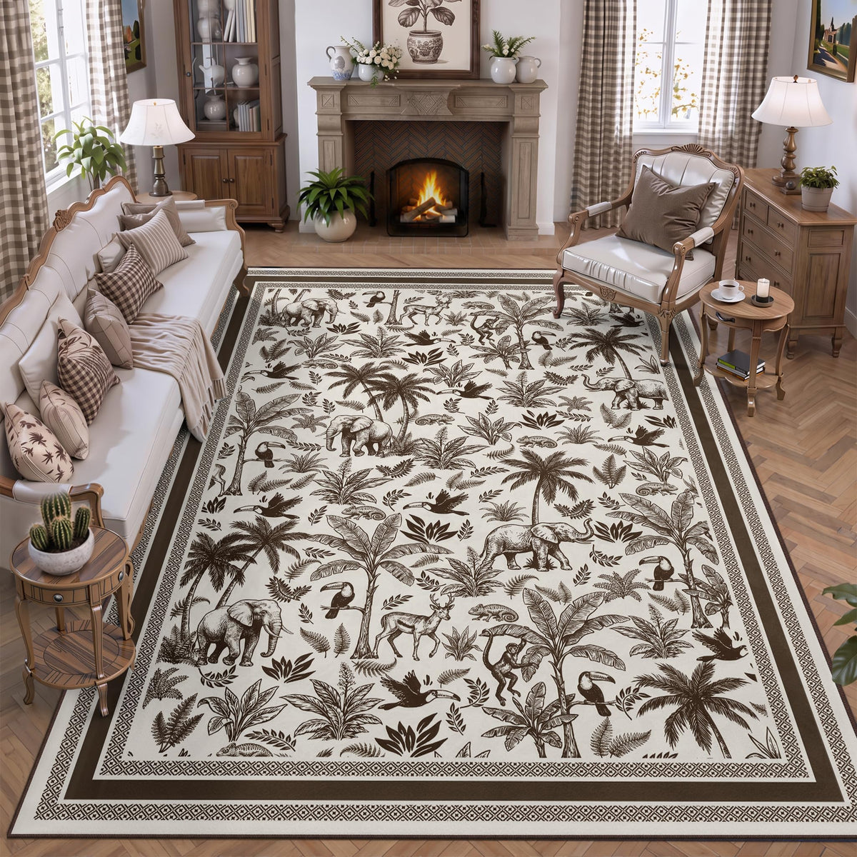 Washable French Toile Area Rug