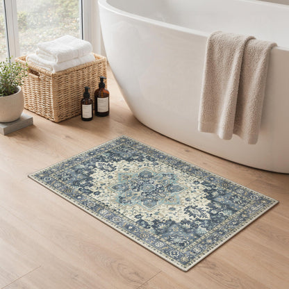 Blue Floral Boho Bath Mat, 24 x 17