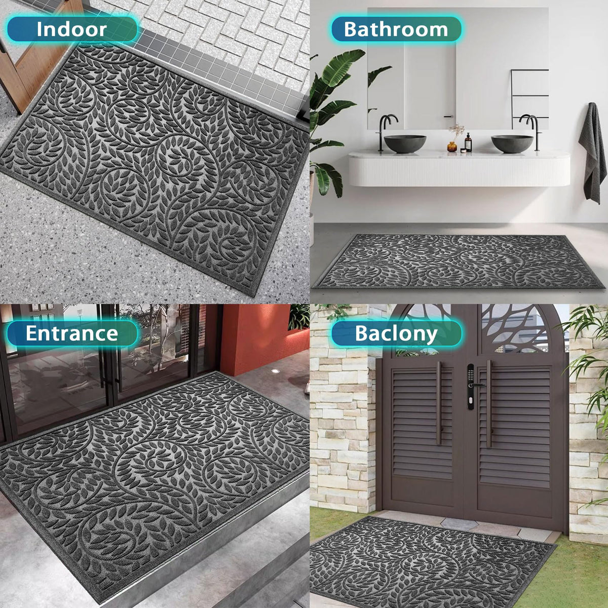 Blue Leaf Front Door Mat, Non-Slip Rubber
