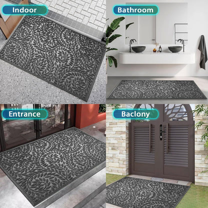 Blue Leaf Front Door Mat, Non-Slip Rubber