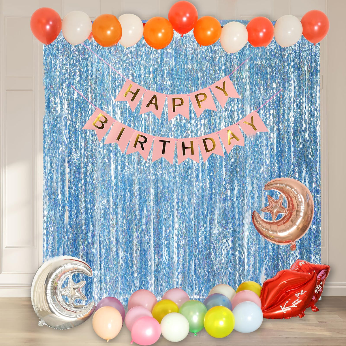 Navy Blue Foil Fringe Curtains, 4 Pack