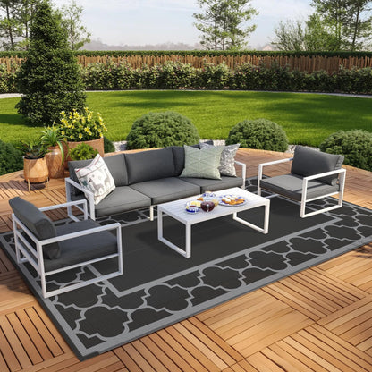 Blue and White Reversible Outdoor Rug, 5x8