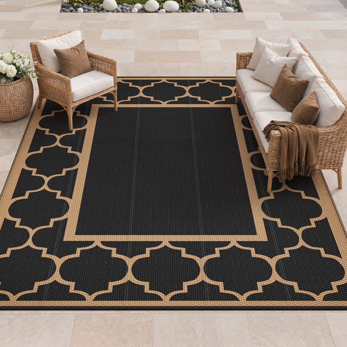 Blue and White Reversible Outdoor Rug, 5x8
