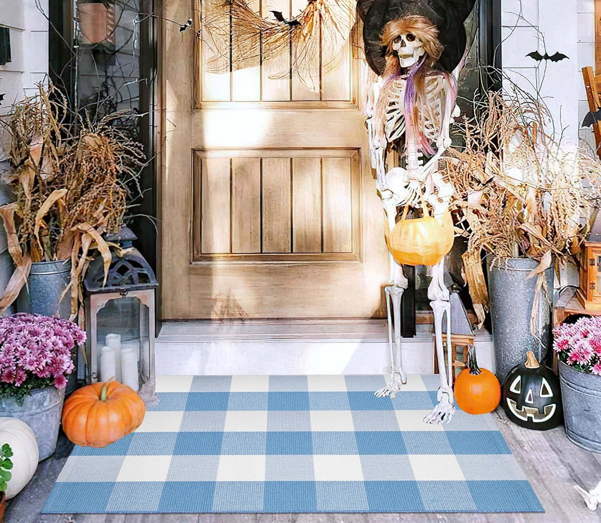 Light Blue Buffalo Plaid Cotton Door Mat, 24x35
