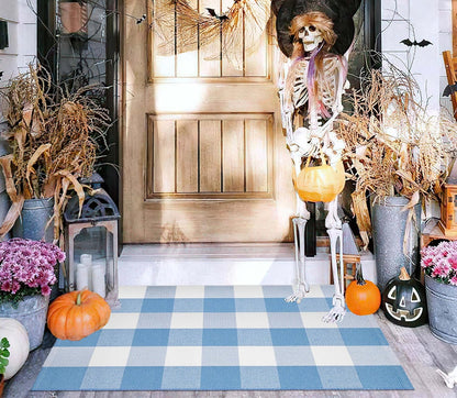 Light Blue Buffalo Plaid Cotton Door Mat, 24x35