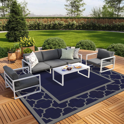 Blue and White Reversible Outdoor Rug, 5x8