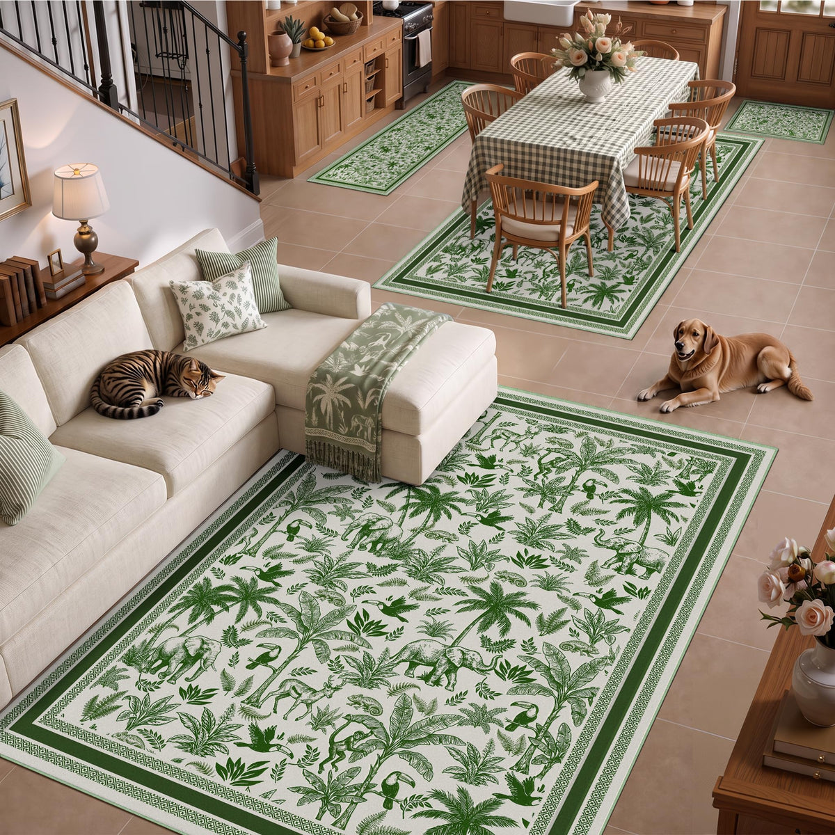Washable French Toile Area Rug