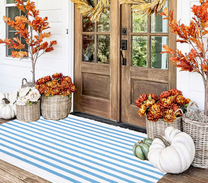 Light Blue Buffalo Plaid Cotton Door Mat, 24x35