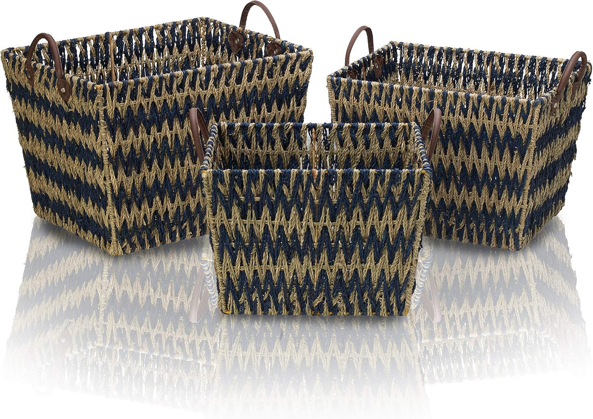 Scott Living Blue Chevron Seagrass Baskets, Set of 3