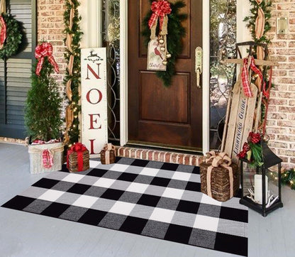 Light Blue Buffalo Plaid Cotton Door Mat, 24x35